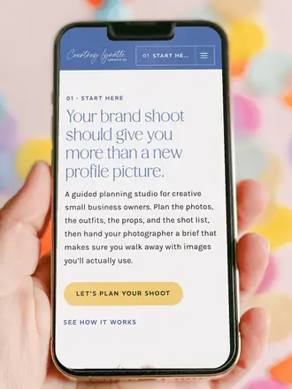 A phone scrolling through The Happy Client Collection tools, from brand shoot planning to a client thank you page